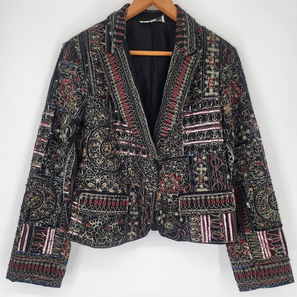 Vintage Anage Black Embroidered Patchwork Blazer Women’s Size Medium